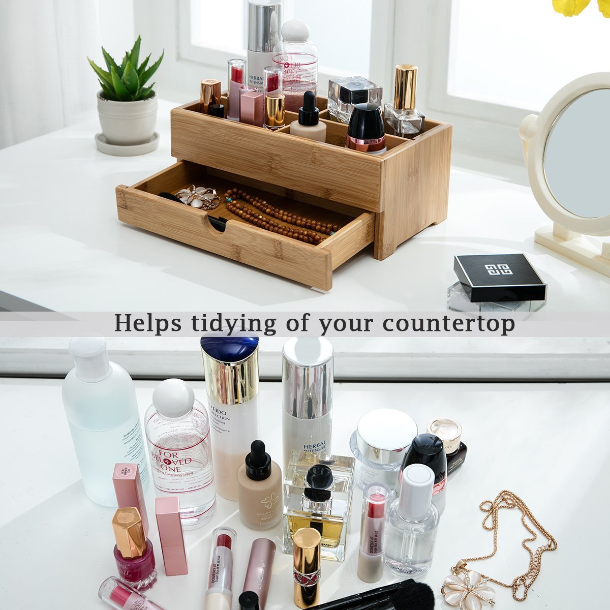HOSTK Bamboo Makeup Organizer and Storage with Drawer Wooden Cosmetic Organizer Countertop for Bathroom