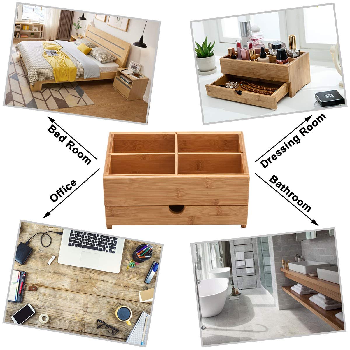 HOSTK Bamboo Makeup Organizer and Storage with Drawer Wooden Cosmetic Organizer Countertop for Bathroom