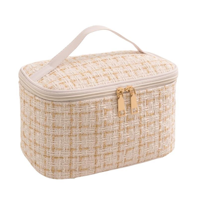 Wholesale Costume Tweed Makeup Bag Toiletries Travel Makeup Pouch Women Cosmetic Bag Large Portable Cosmetic Bag for Traveling