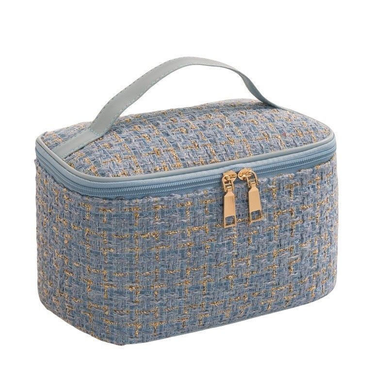 Wholesale Costume Tweed Makeup Bag Toiletries Travel Makeup Pouch Women Cosmetic Bag Large Portable Cosmetic Bag for Traveling
