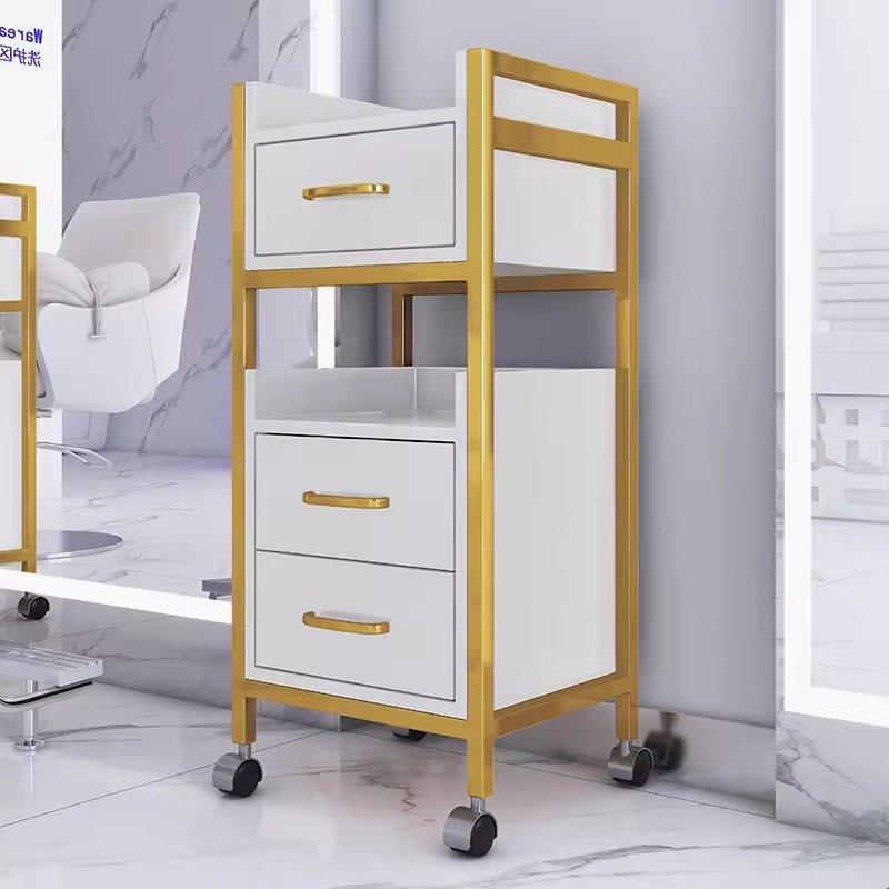 Professional hair salon equipment rolling spa gold metal side makeup cabinet organizer case barber shop trolley for salon