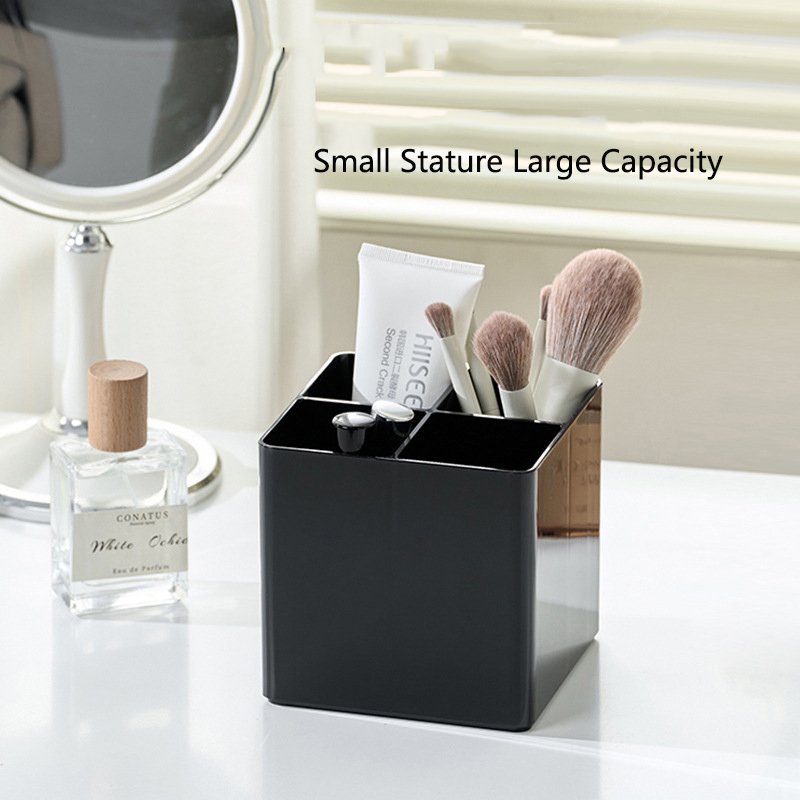 4-Section Makeup Brush & Pencil Holder Versatile Office & Cosmetic Storage Box Solution Premium Black Acrylic Desk Organizer