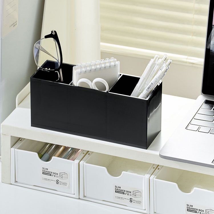 4-Section Makeup Brush & Pencil Holder Versatile Office & Cosmetic Storage Box Solution Premium Black Acrylic Desk Organizer