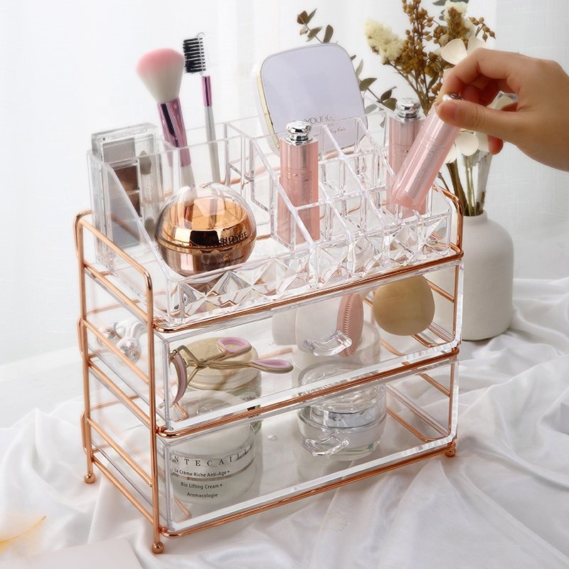 Luxury 3-layers clean cosmetic storage box facial brushes eye-shadow acrylic makeup organizer with rose gold trim