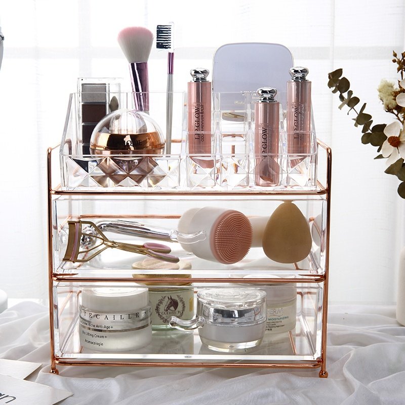 Luxury 3-layers clean cosmetic storage box facial brushes eye-shadow acrylic makeup organizer with rose gold trim