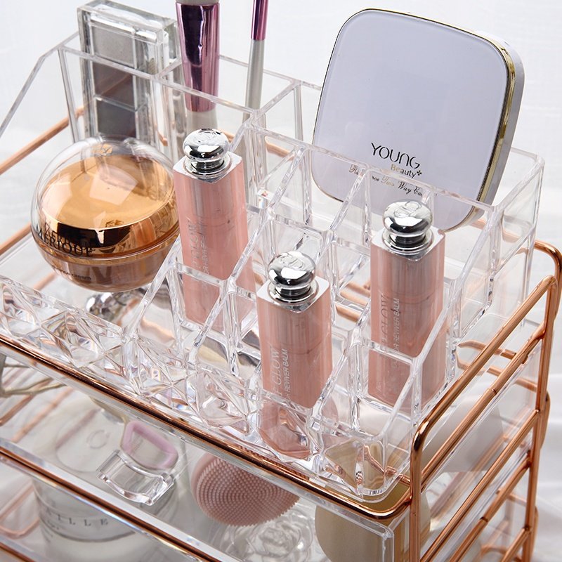 Luxury 3-layers clean cosmetic storage box facial brushes eye-shadow acrylic makeup organizer with rose gold trim