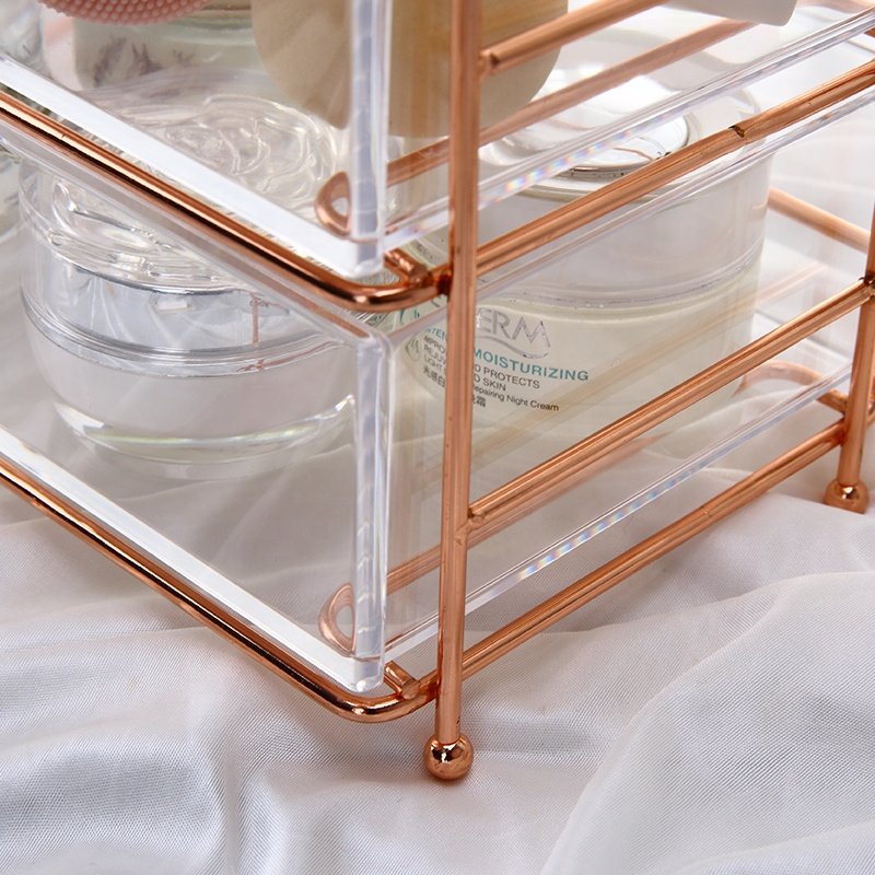 Luxury 3-layers clean cosmetic storage box facial brushes eye-shadow acrylic makeup organizer with rose gold trim