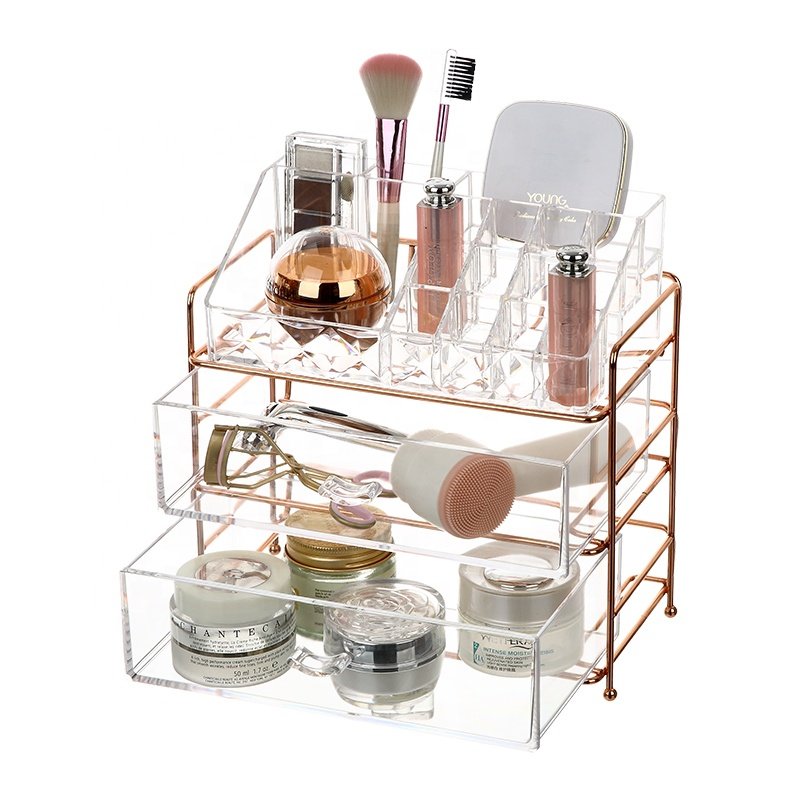 Luxury 3-layers clean cosmetic storage box facial brushes eye-shadow acrylic makeup organizer with rose gold trim