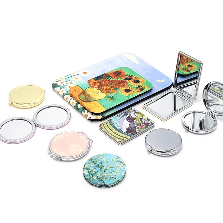 Customized Private Label Mini Pocket Mirror For Makeup Customized Logo Round Rectangle Blank Metal Leather Pocket Mirror