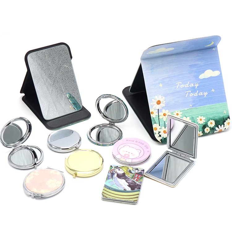 Customized Private Label Mini Pocket Mirror For Makeup Customized Logo Round Rectangle Blank Metal Leather Pocket Mirror