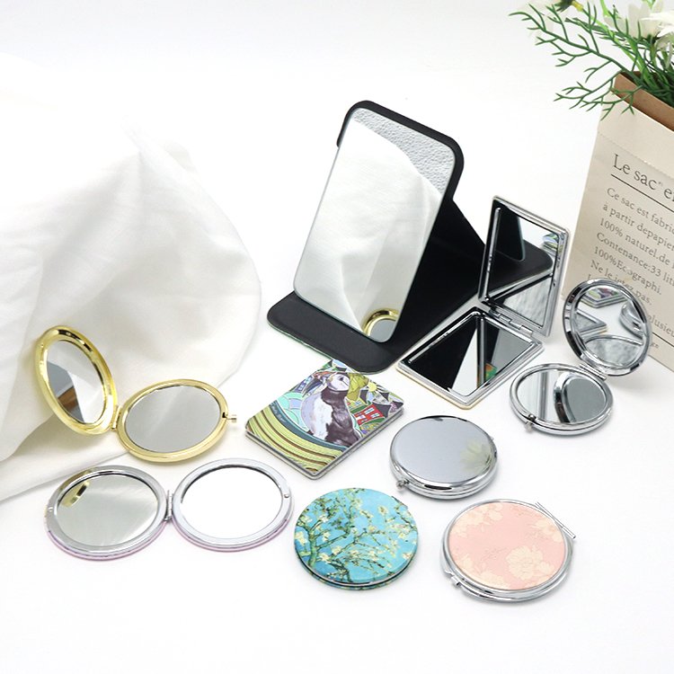 Customized Private Label Mini Pocket Mirror For Makeup Customized Logo Round Rectangle Blank Metal Leather Pocket Mirror