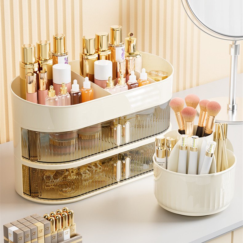 Desktop Skincare Storage Box Rotating Brush Holder with Drawer Cosmetic Dressing Table Organizer Box