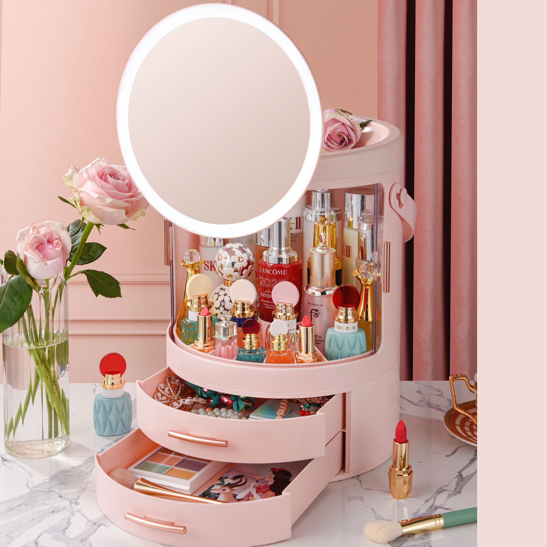 Wholesale Desktop Rotating Cosmetics Storage Box Multi-Function Skin Care Products Lipstick Classification Storage Box With Lamp