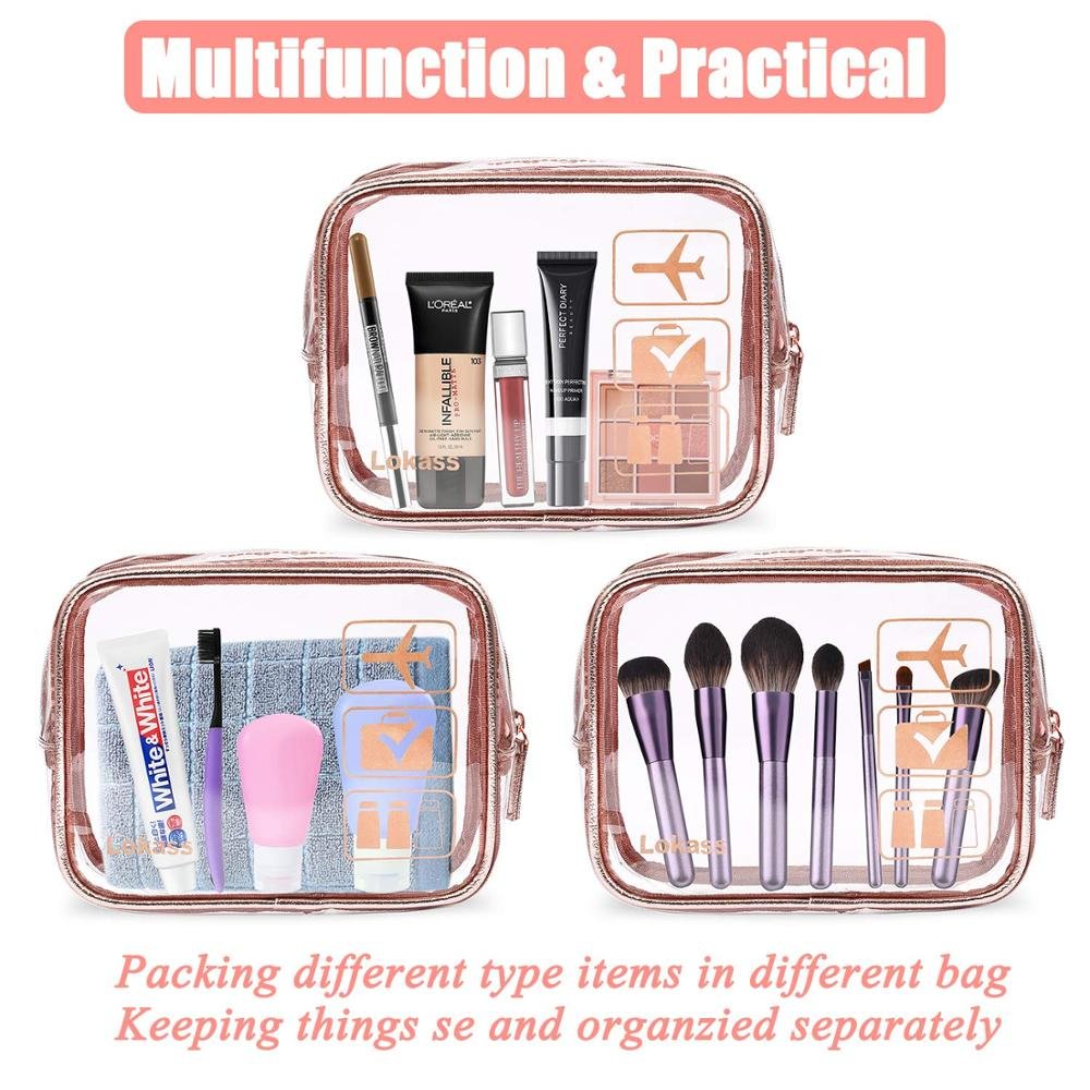 Custom Durable Travel Vacation Organizing Bathroom Storage Transparent Rose Gold PVC washbag cosmetics bag