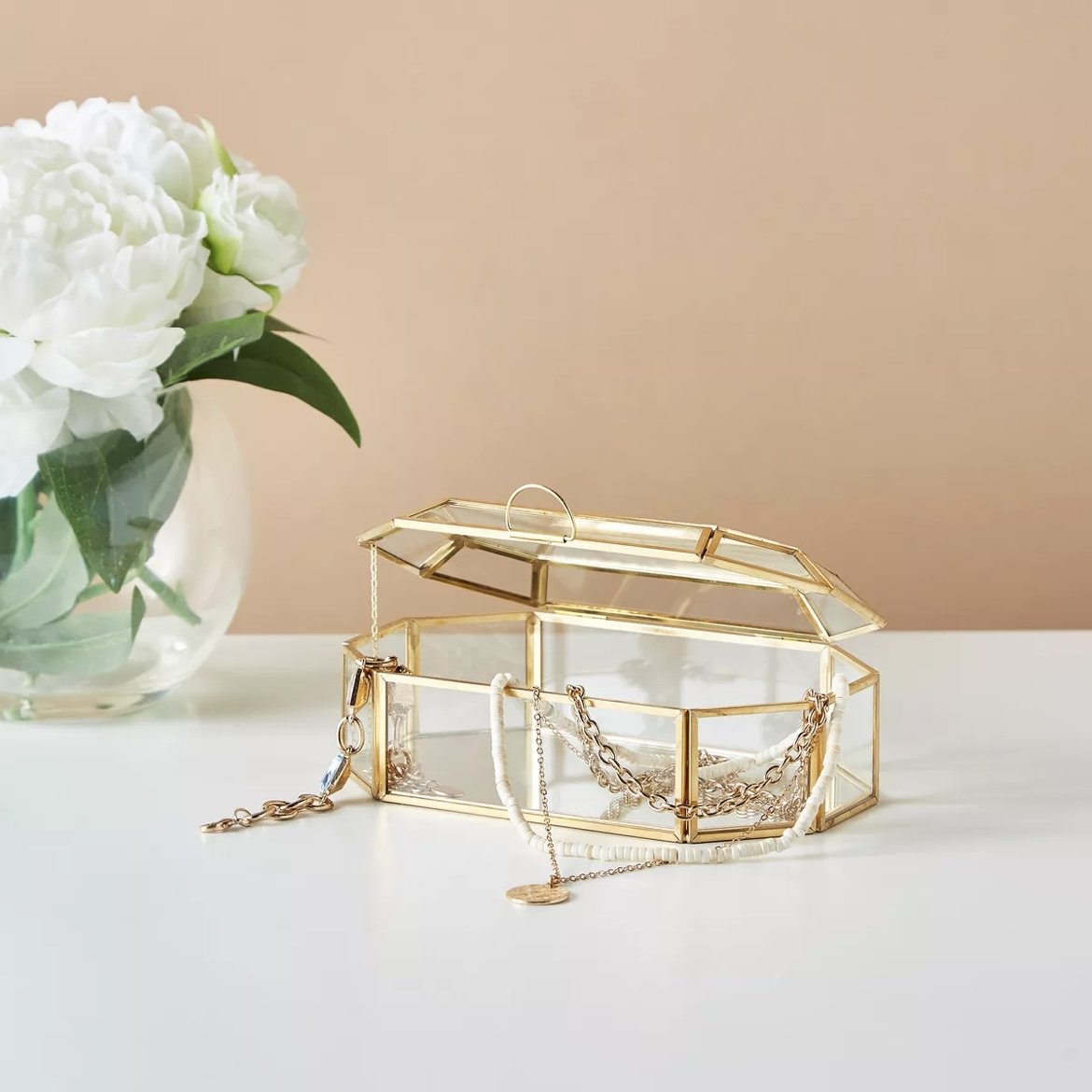 Glass Storage Box with Gold Metal Frame Elegant Jewelry Organizer and Accessories Storage Brass Glass Box