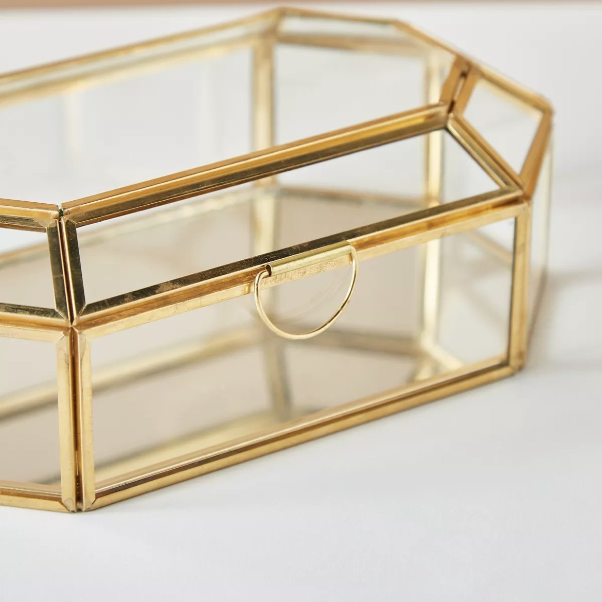 Glass Storage Box with Gold Metal Frame Elegant Jewelry Organizer and Accessories Storage Brass Glass Box