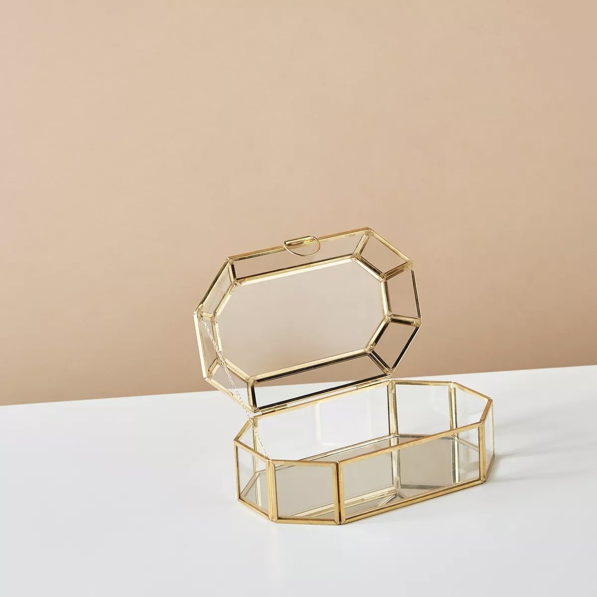 Glass Storage Box with Gold Metal Frame Elegant Jewelry Organizer and Accessories Storage Brass Glass Box