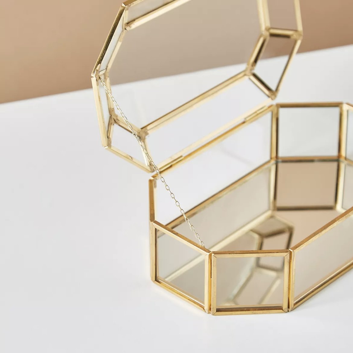 Glass Storage Box with Gold Metal Frame Elegant Jewelry Organizer and Accessories Storage Brass Glass Box