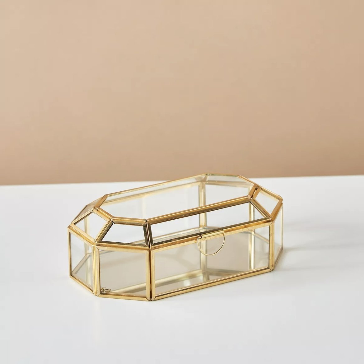 Glass Storage Box with Gold Metal Frame Elegant Jewelry Organizer and Accessories Storage Brass Glass Box