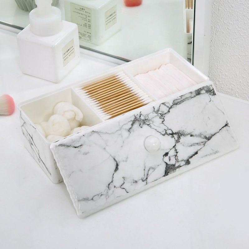 Morden luxury cotton pad lipstick nail storage holder dustproof plastic marble makeup organizer with lid