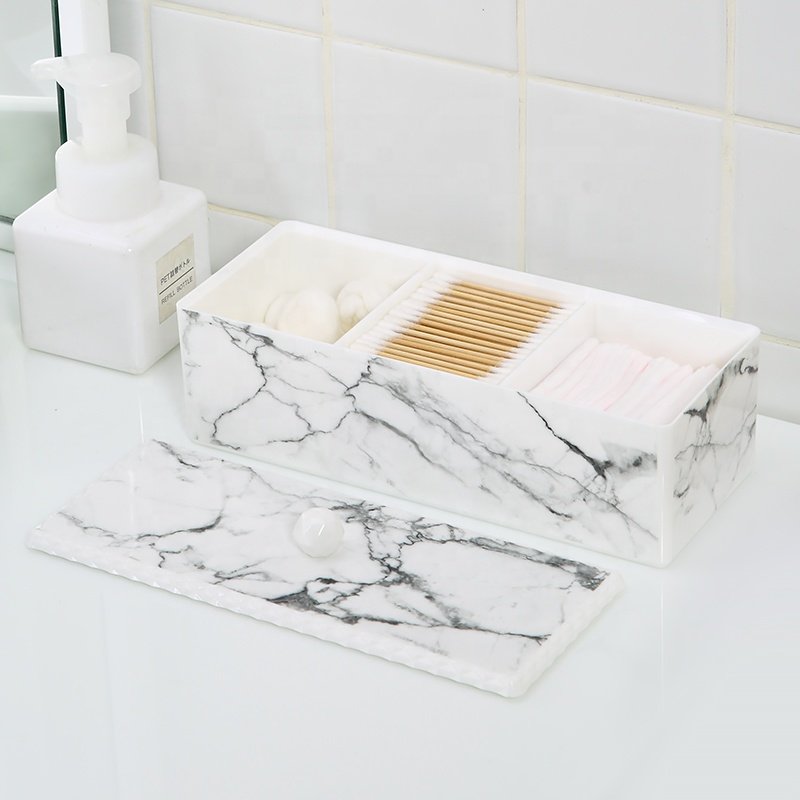 Morden luxury cotton pad lipstick nail storage holder dustproof plastic marble makeup organizer with lid