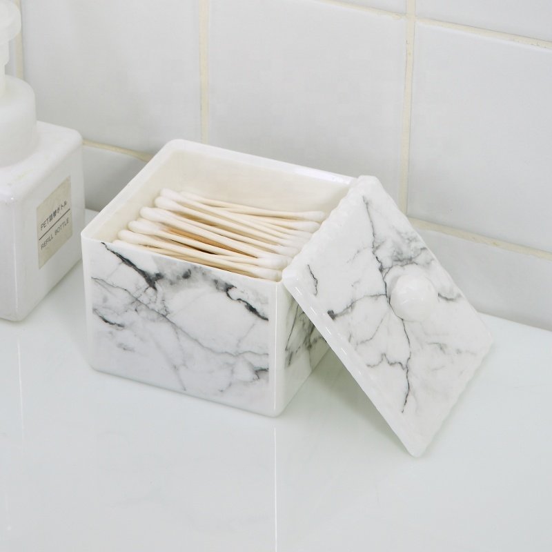 Morden luxury cotton pad lipstick nail storage holder dustproof plastic marble makeup organizer with lid