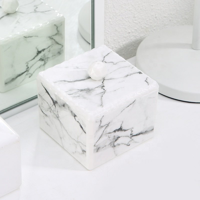 Morden luxury cotton pad lipstick nail storage holder dustproof plastic marble makeup organizer with lid