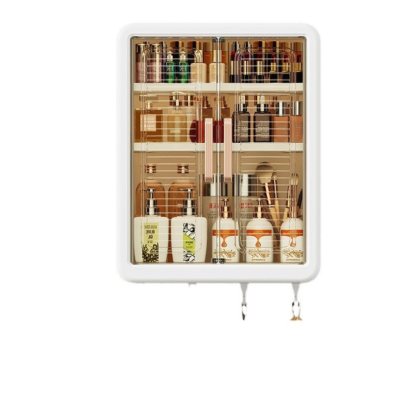 XJH Large Capacity 3-Layer Wall-Mounted Makeup Organizer Plastic Cosmetic Storage Box with 4 Towel Hooks for Bathroom