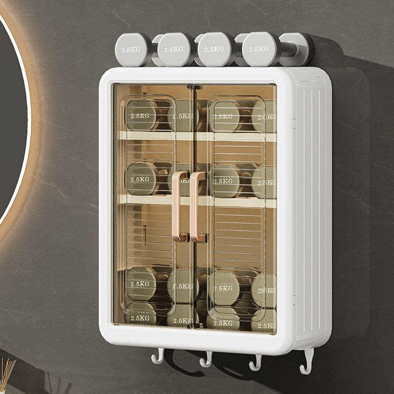 XJH Large Capacity 3-Layer Wall-Mounted Makeup Organizer Plastic Cosmetic Storage Box with 4 Towel Hooks for Bathroom