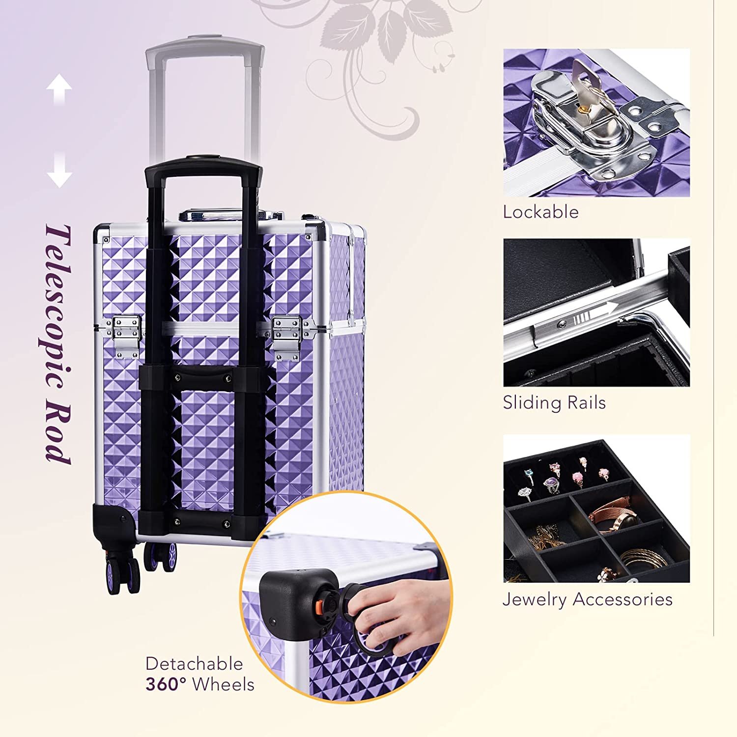 Beauty Trolley on Wheels Professional Extra Large Makeup Trolley Lockable Beauty Case Make Up Box Beauty Cosmetics Storage Organ