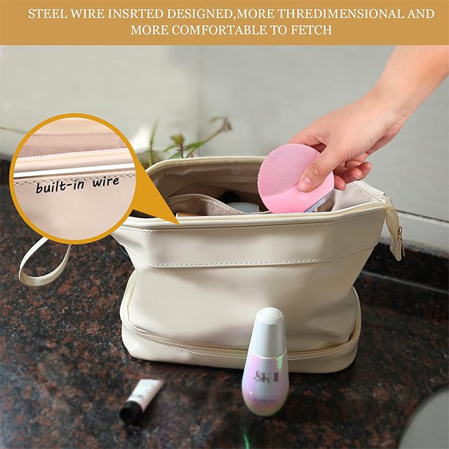 BSCI custom Makeup Bag Leather Double Layer Large Cosmetic Organizer Bag Travel Accessories Toiletry Bag