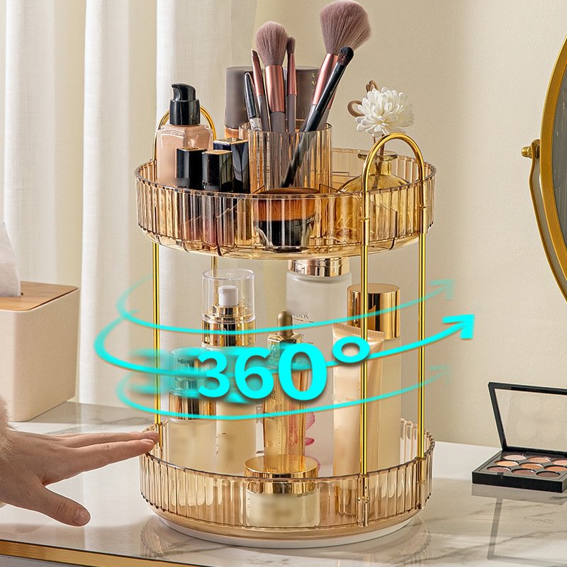 Double light luxury 360 degree rotating beauty organizer shelf box bathroom desktop perfume skincare makeup brush shelf