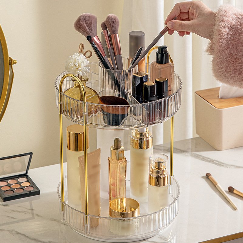 Double light luxury 360 degree rotating beauty organizer shelf box bathroom desktop perfume skincare makeup brush shelf