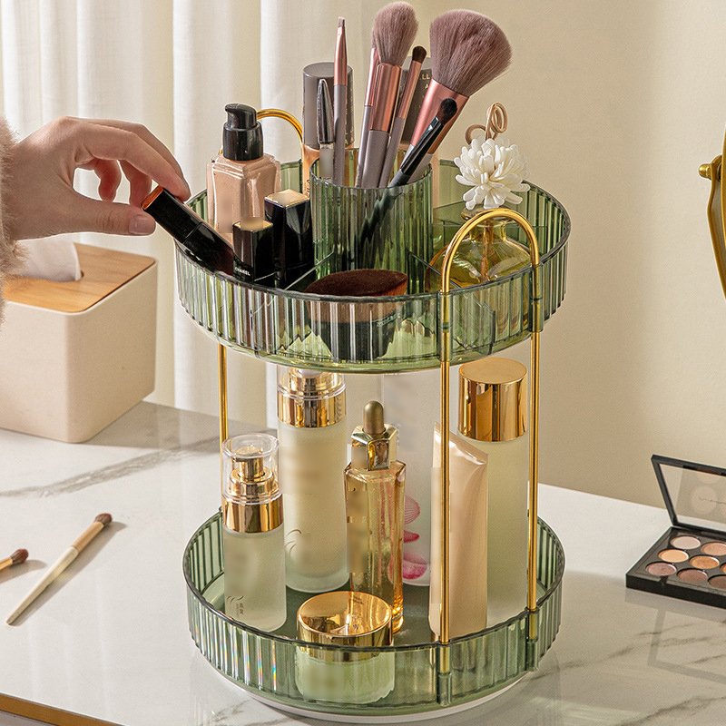 Double light luxury 360 degree rotating beauty organizer shelf box bathroom desktop perfume skincare makeup brush shelf