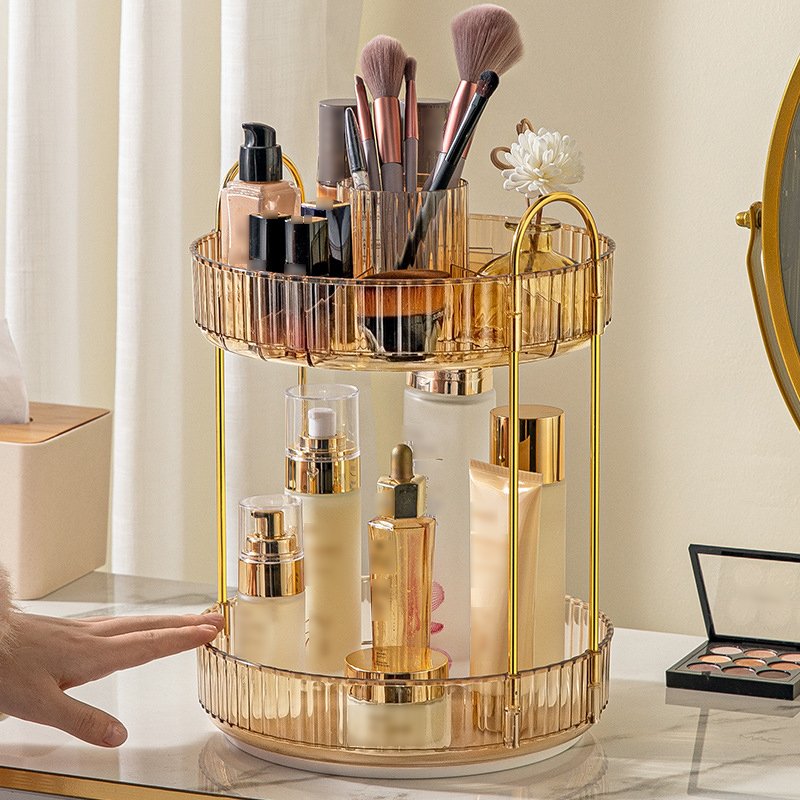 Double light luxury 360 degree rotating beauty organizer shelf box bathroom desktop perfume skincare makeup brush shelf