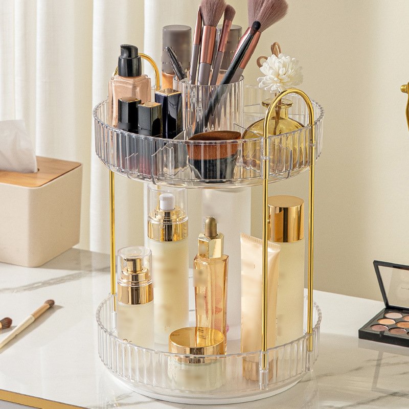 Double light luxury 360 degree rotating beauty organizer shelf box bathroom desktop perfume skincare makeup brush shelf