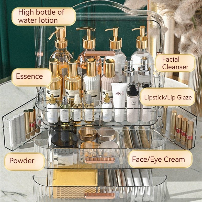 Luxury racks display makeup cases Dressing Table Skincare Cosmetics with double open lid Transparent Makeup Storage Boxes Bins