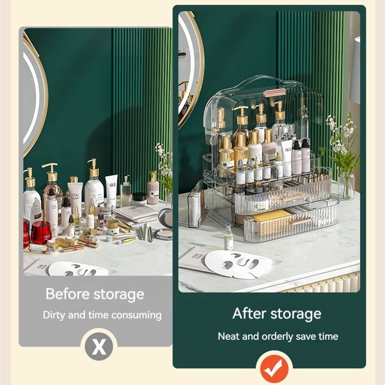 Luxury racks display makeup cases Dressing Table Skincare Cosmetics with double open lid Transparent Makeup Storage Boxes Bins