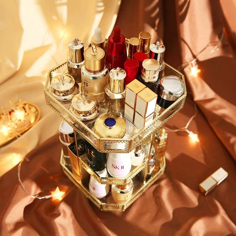 Golden Vintage Glass 360 Degree Rotation Makeup Organizer Counter Cosmetics Storage Display For Brushes Skincare Large Holder