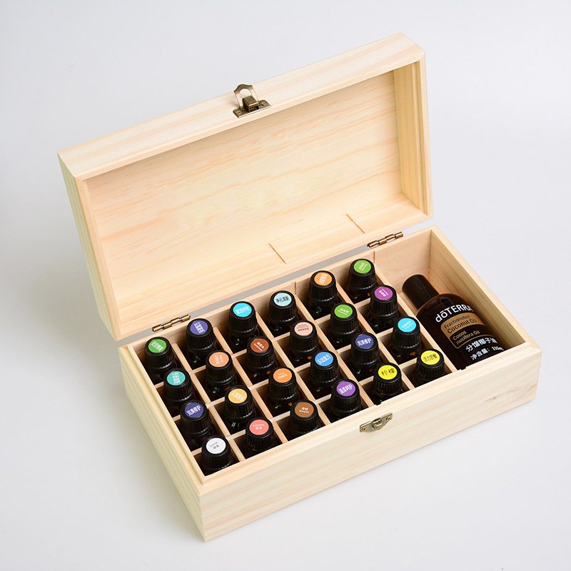 Portable 25 grid wooden essential oil storage box pine wood high grade small oil perfume bottle packaging box organizer box