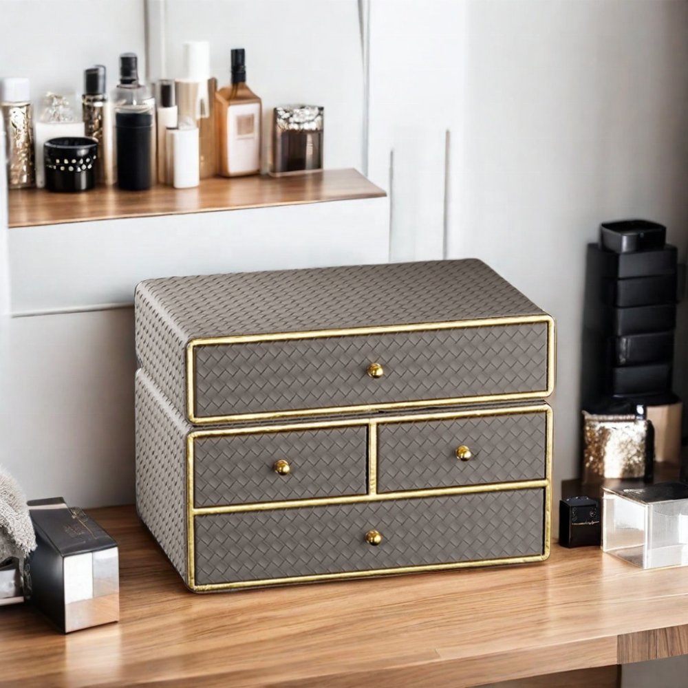 HOT Sale PU Leather Desktop Storage Organizer with Drawers Makeup & Cosmetic Storage Bins Elegant Storage Cabinets