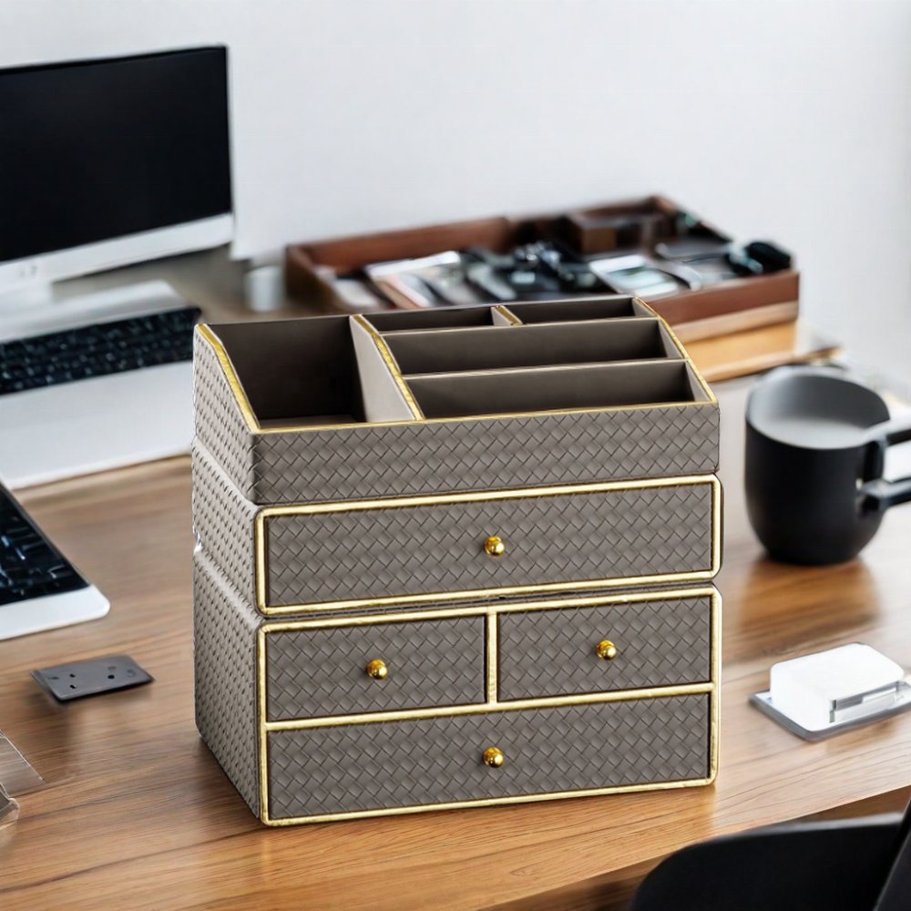 HOT Sale PU Leather Desktop Storage Organizer with Drawers Makeup & Cosmetic Storage Bins Elegant Storage Cabinets