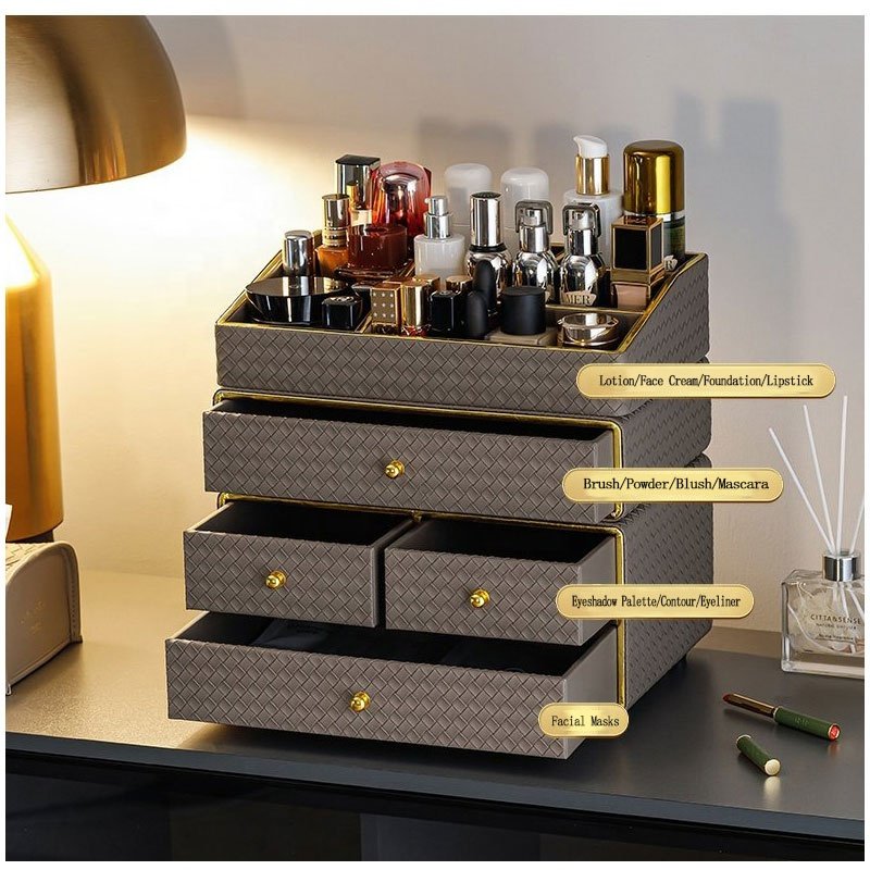 HOT Sale PU Leather Desktop Storage Organizer with Drawers Makeup & Cosmetic Storage Bins Elegant Storage Cabinets