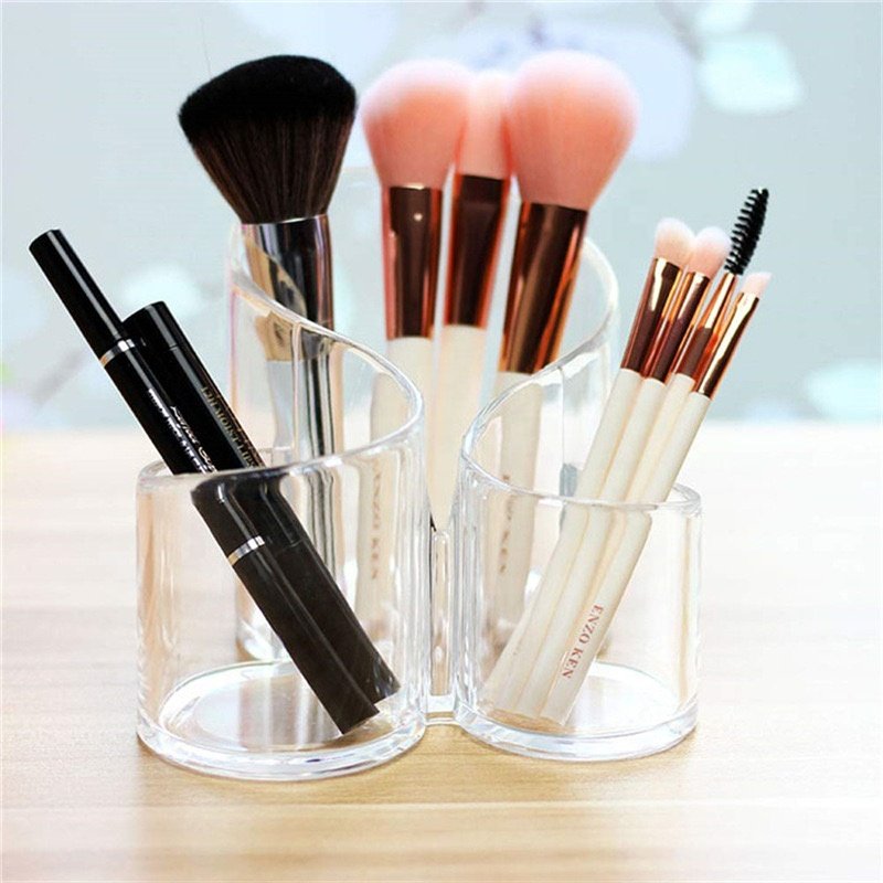 Clear acrylic 3 holes Makeup brush storage box dresser Desktop size Eyebrow pencil brush comb Scissors organizer