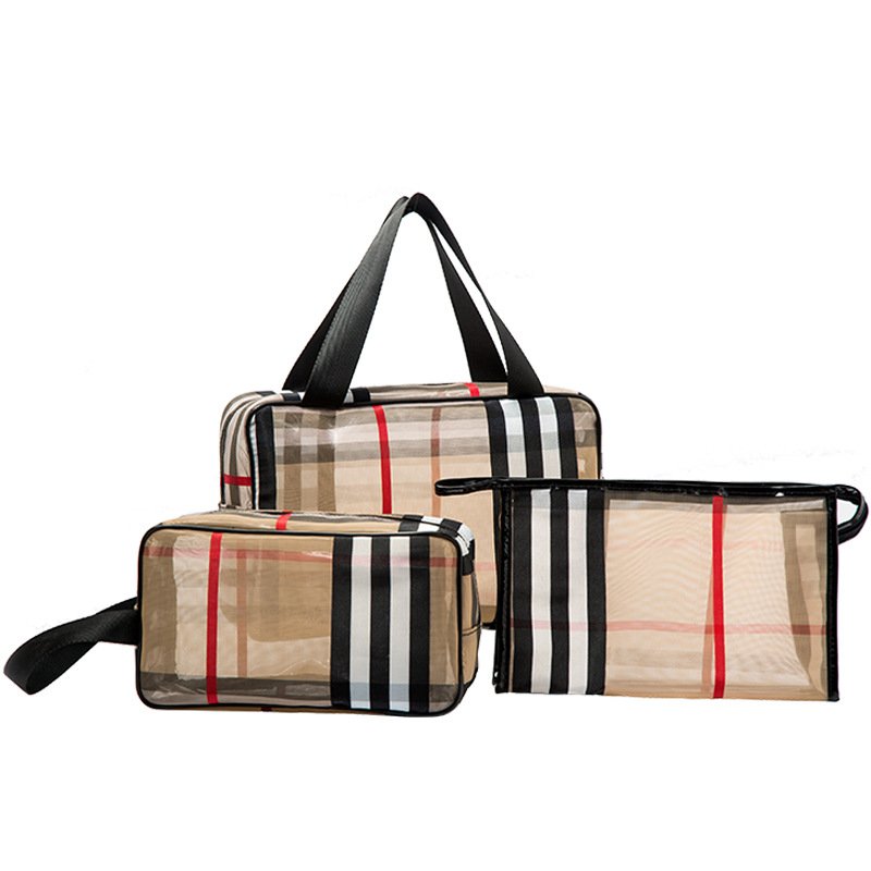 PVC Contrast Color Stripe Cosmetic Bag Convenient Organize Waterproof Cosmetic Bag Multifunctional Grid Travel Storage Bag Set
