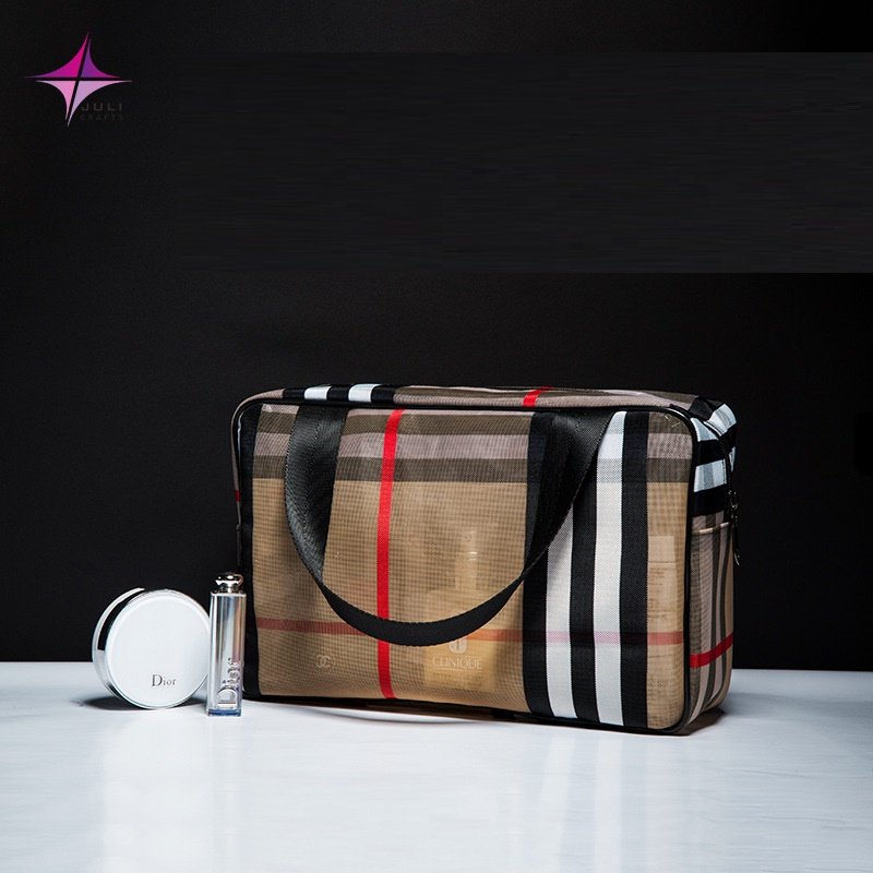 PVC Contrast Color Stripe Cosmetic Bag Convenient Organize Waterproof Cosmetic Bag Multifunctional Grid Travel Storage Bag Set