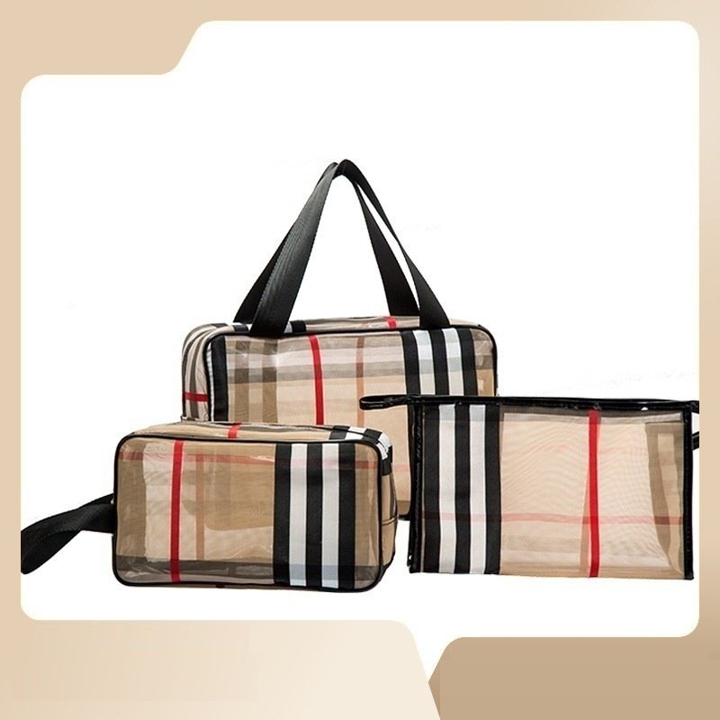 PVC Contrast Color Stripe Cosmetic Bag Convenient Organize Waterproof Cosmetic Bag Multifunctional Grid Travel Storage Bag Set