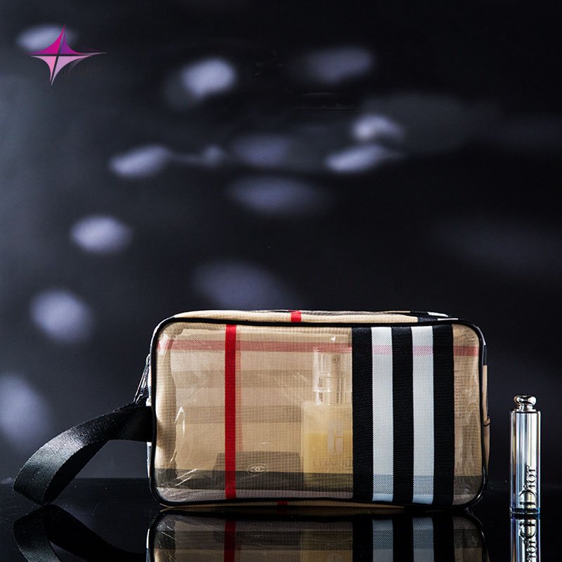 PVC Contrast Color Stripe Cosmetic Bag Convenient Organize Waterproof Cosmetic Bag Multifunctional Grid Travel Storage Bag Set