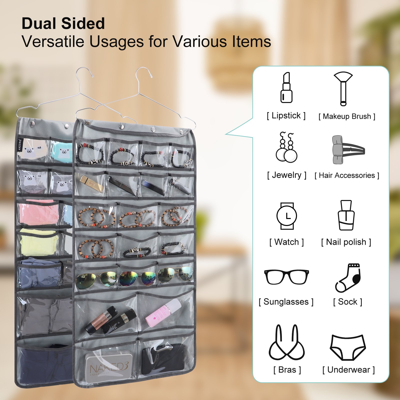 42 Clear Pockets Dual Sided Hanging Organizer for Jewelry Makeup Storage Closet Organizers for Bows Socks Underwear