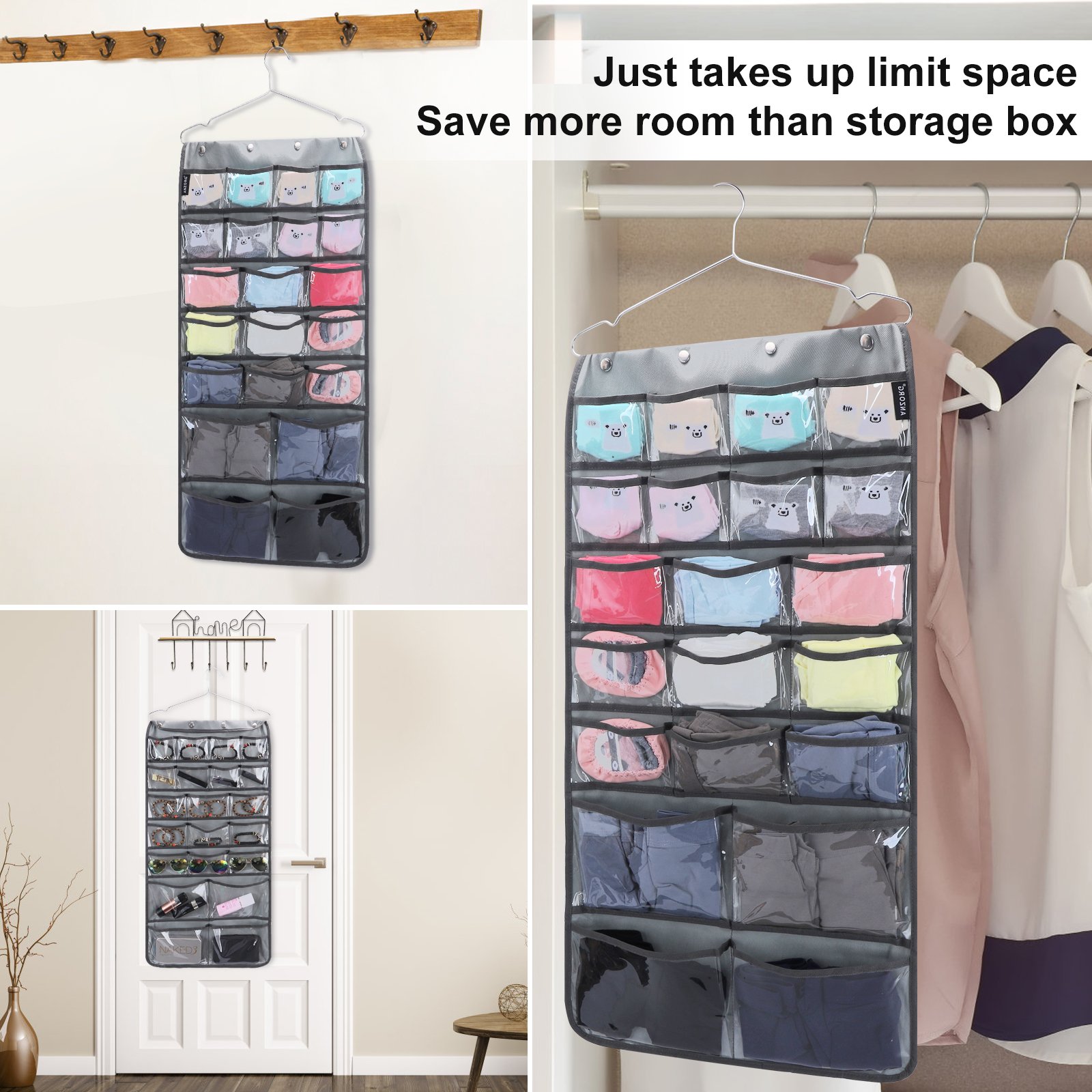 42 Clear Pockets Dual Sided Hanging Organizer for Jewelry Makeup Storage Closet Organizers for Bows Socks Underwear